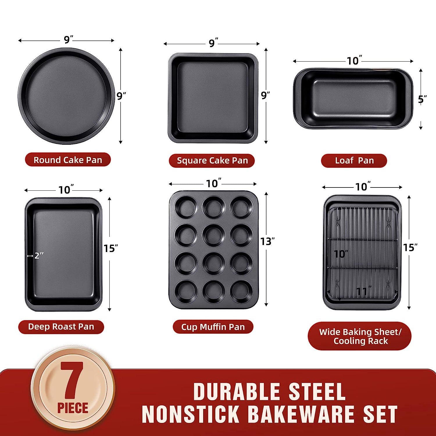 Kitcom Nonstick Bakeware Sets Textured 6-Piece with Cookie Sheet Set,  Roasting Pan, Round Cake Pan, Loaf Pan, Heavy Duty Carbon Steel Premium  Baking