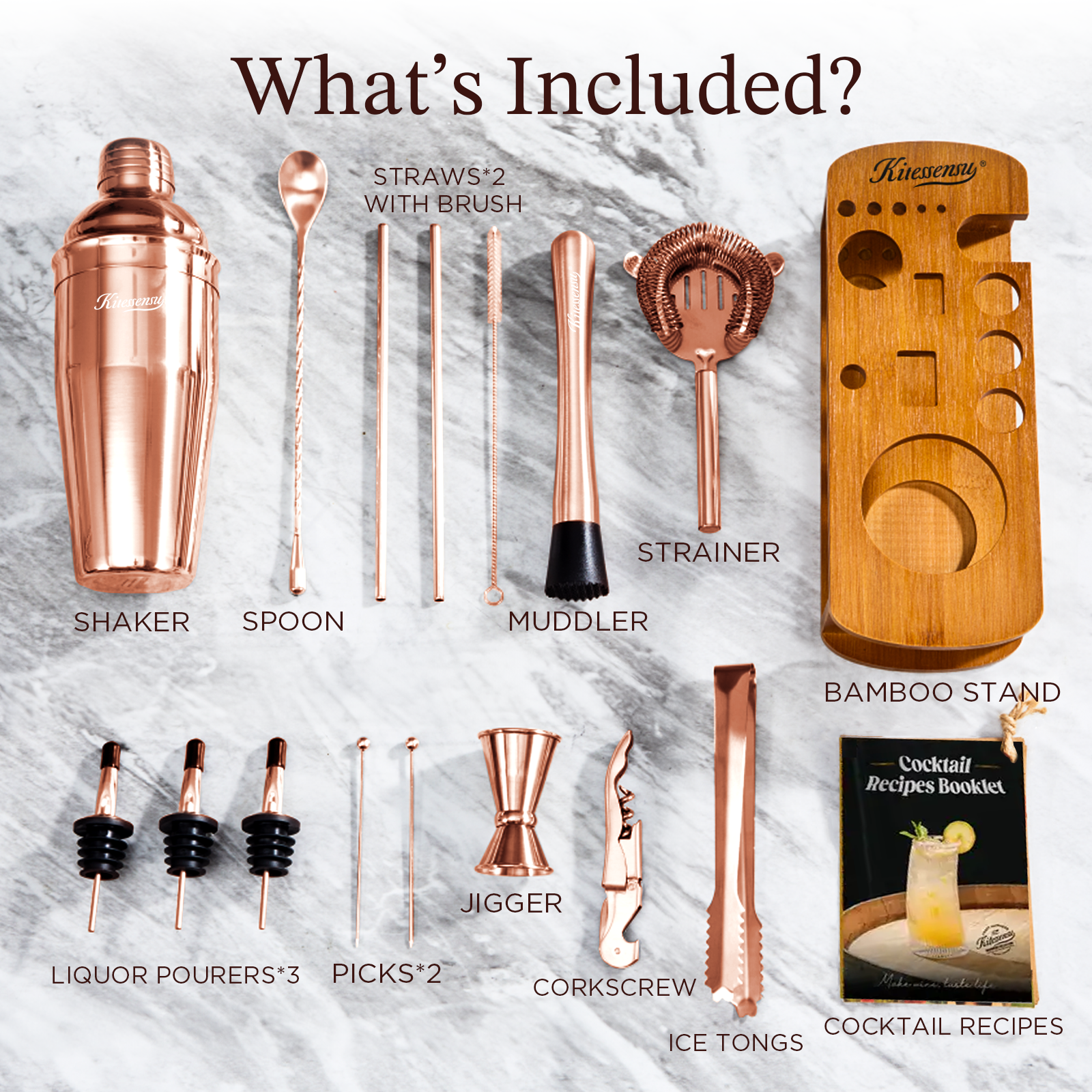 KITESSENSU Bartender Kit, 15-Piece Cocktail Shaker Set with Bamboo Stand, Drink Mixer Set, Bar Set with All Essential Bar Accessory Tools |Rose Gold