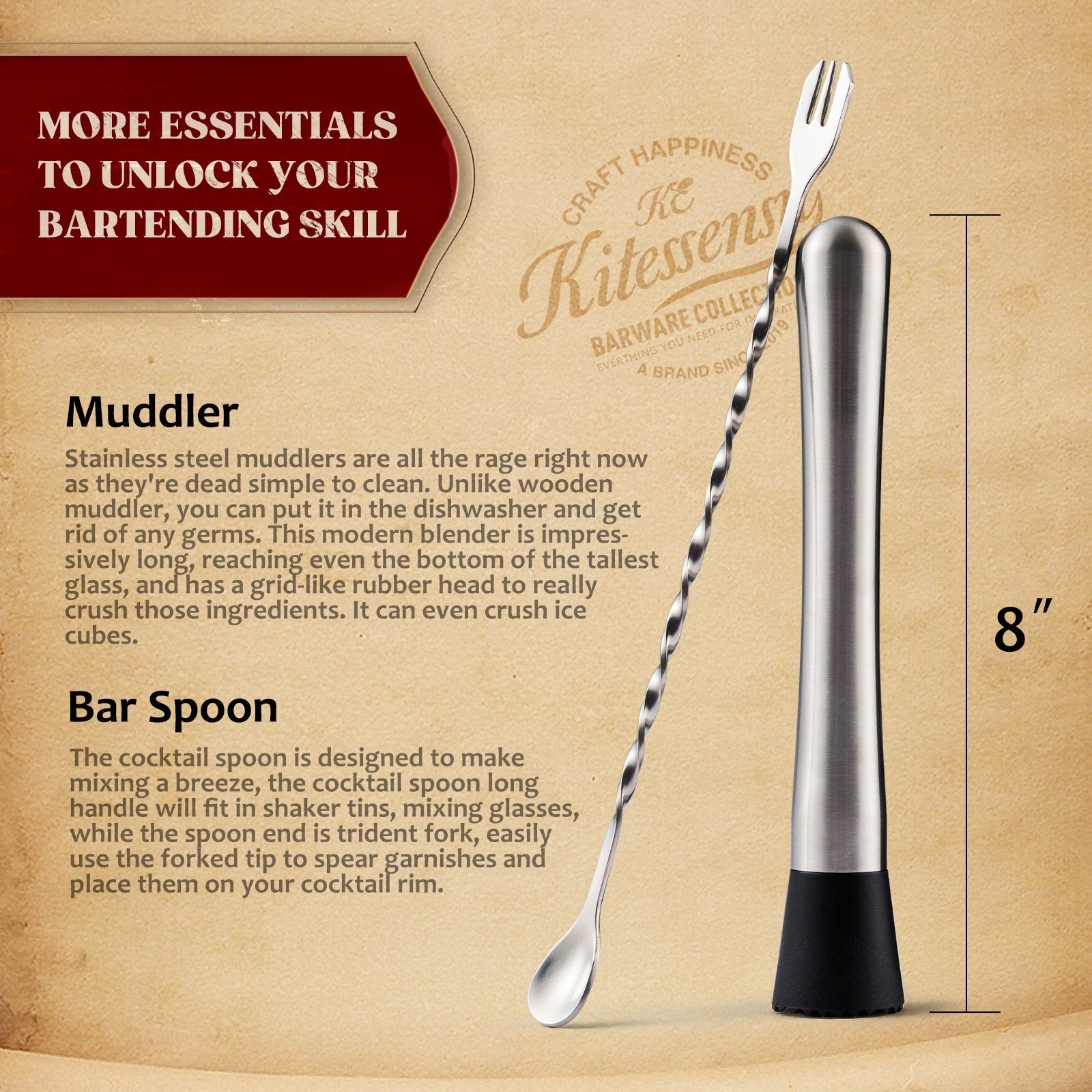 Stainless Steel Bar Old Fashioned Cocktail Kit - Stainless Steel Spoon Hand  Mixer for Drinks Lemon Muddler for Cocktails Stainless Steel Kitchen Bar