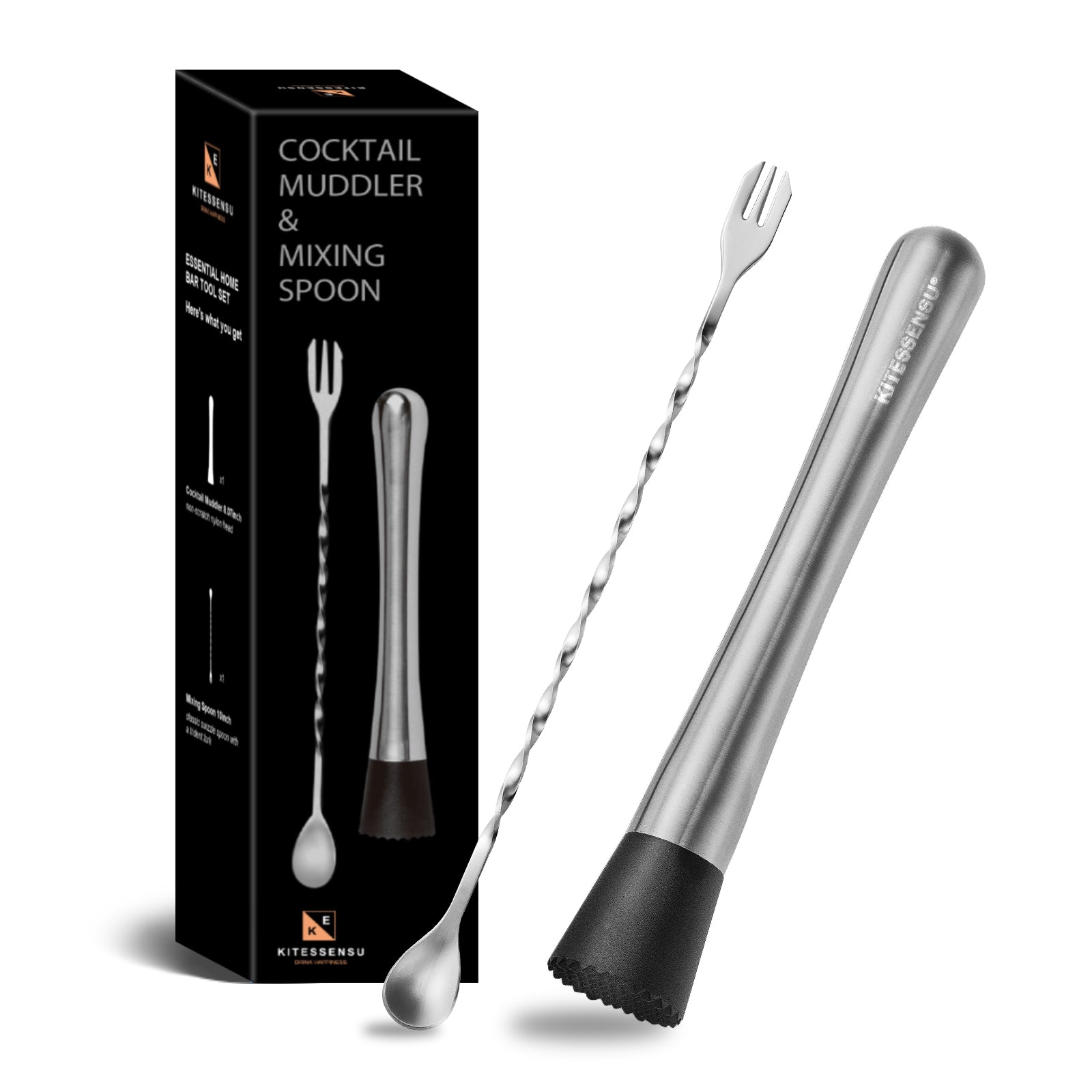 Stainless Steel Cocktail Muddler and Bar Spoon Tool Set | KITESSENSU