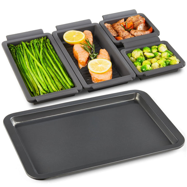 HONGBAKE Baking Sheet Pan Dividers with A Half Sheet Pan, Reusable Silicone Dividers for Meal Prep, Nonstick Bakeware Sets for Oven & Air Fryer, Dishwasher Safe, Reinforced Rims, 4 Cheat, 1 Pan