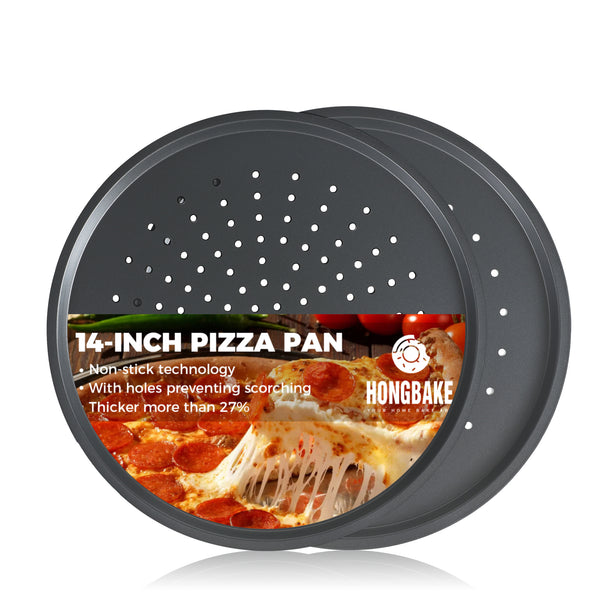 HONGBAKE 14 Inch Pizza Pan with Holes, 2 Pack Non-Stick Pizza Pan for Oven, Carbon Steel Perforated Pizza Tray, Crispy Pizza Set, Round Baking Sheet for Frozen & Homemade Pizza, Grey