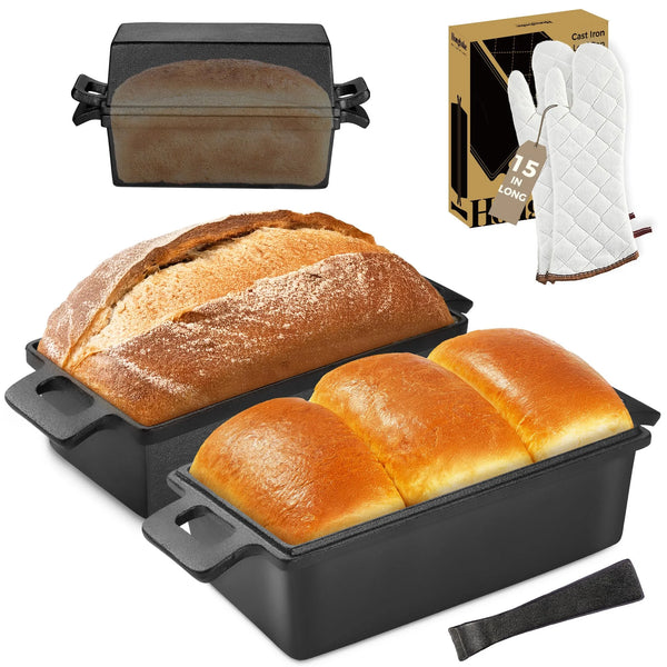 HONGBAKE 2 in 1 Cast Iron Bread Pan with oven mitts, Lid, Lid Lever, 9x5 Loaf Pans for Homemade Bread, Sourdough Baking Pan, Pre-Seasoned Nonstick Rectangular Dutch Oven, Banana Bread Tins