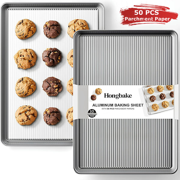 HONGBAKE 2-Pack Baking Sheet with Natural Aluminum , NonStick Cookie Sheet Baking Pans with 50 PCS Parchment Paper, 12.8 x 17.7 in, Silver