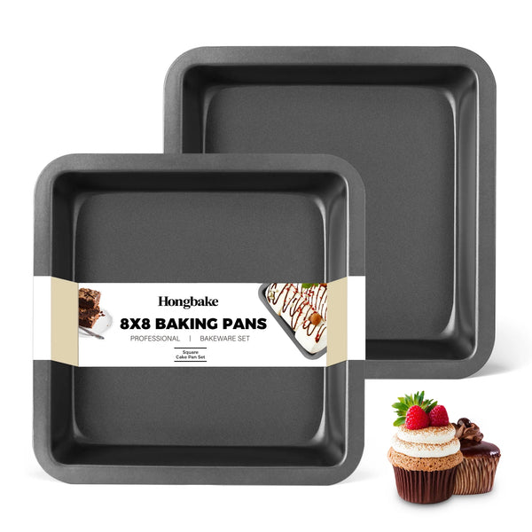 HONGBAKE 8x8 Cake Baking Pan Set, Nonstick Square Brownie Pans with Wider Grips, 2 Pieces, Heavy Duty, Grey