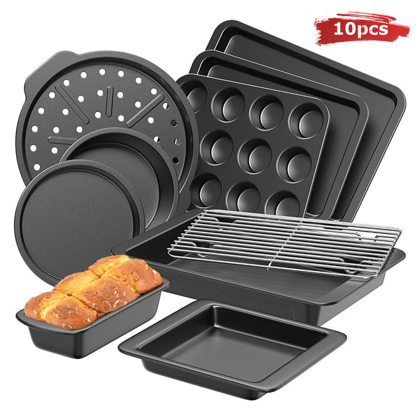 HONGBAKE Bakeware Sets, Baking Pans Set, Nonstick Oven Pan for Kitchen with Wider Grips, 10 Pieces Including Rack, Cookie Sheet, Cake Pans, Loaf Pan, Muffin Pan, Pizza Pan - Grey