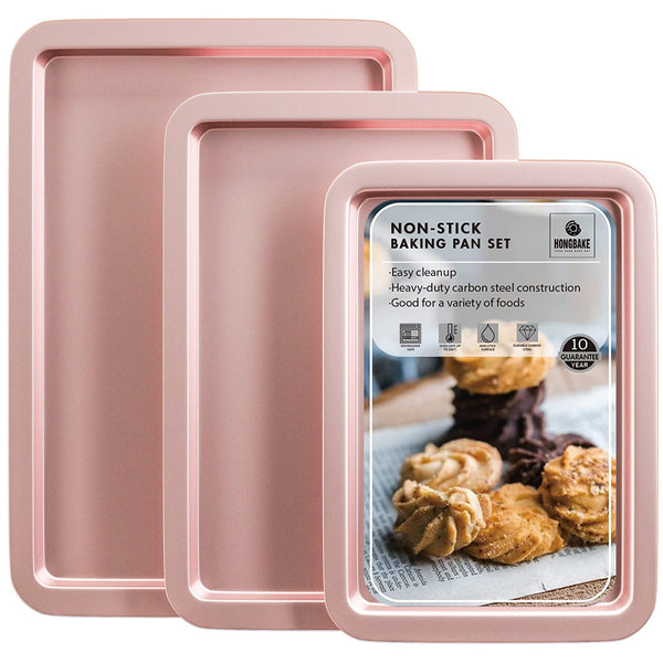 HONGBAKE Baking Sheet Pan Set, Cookie Sheet for Oven, Nonstick Bakeware Sets with Wider Grips, 3 Pack Half/Jelly Roll/Quarter Baking Tray, Premium, Dishwasher Safe-Pink