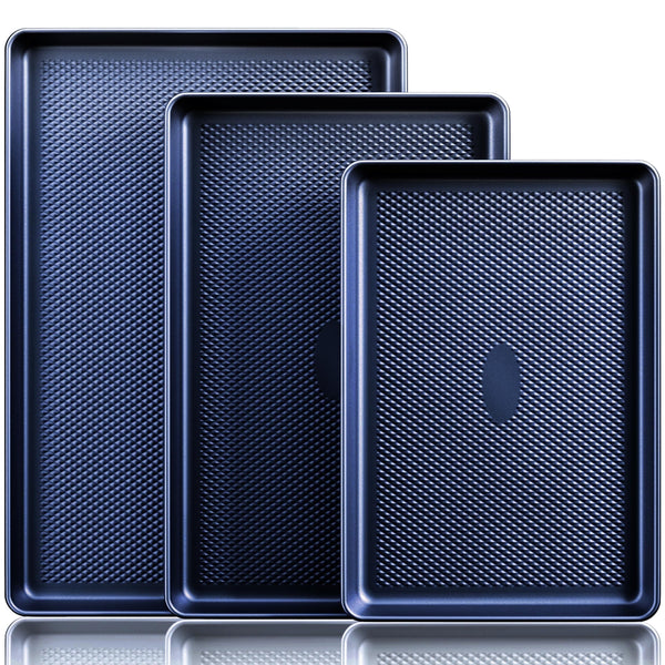 HONGBAKE Baking Sheet Pan Set, Cookie Sheets for Oven, Nonstick Half/Quarter/Jelly Roll Pans with Diamond Texture Pattern, Heavy Duty Cookie Tray, Dark Blue