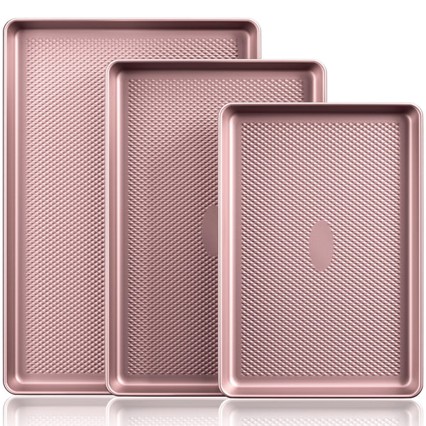 HONGBAKE Baking Sheet Pan Set, Cookie Sheets for Oven, Nonstick Half/Quarter/Jelly Roll Pans with Diamond Texture Pattern, Heavy Duty Cookie Tray, Pink