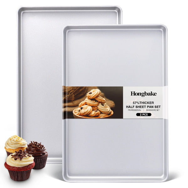 HONGBAKE Half Baking Sheet Pan Set of 2, Nonstick Cookie Sheet for Oven, Heavy Duty 1/2 Commercial Cookie Trays, Dishwasher Safe - Silver