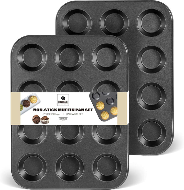 HONGBAKE 12-Cup Nonstick Carbon Steel Muffin Pan, 2.75" Diameter Cups (2 Counts)