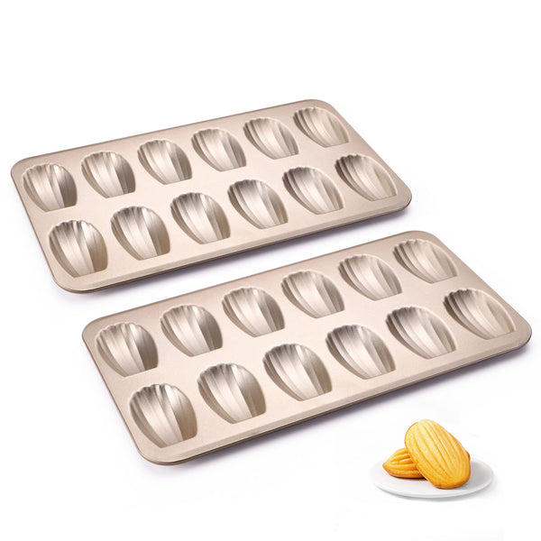 HONGBAKE Nonstick Madeleine Pan 2 Pack 12-Cavity Heavy Duty Madeleine Cookies Trays for Oven Baking, Warp Resistant Shell Shape Madeleine Mold Cake Pan, Champagne Gold