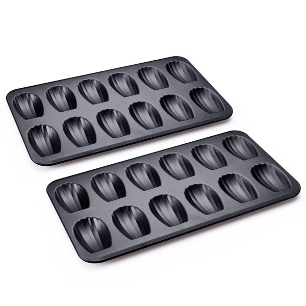 HONGBAKE Nonstick Madeleine Pan 2 Pack 12-Cavity Heavy Duty Madeleine Cookies Trays for Oven Baking, Warp Resistant Shell Shape Madeleine Mold Cake Pan, Space Grey