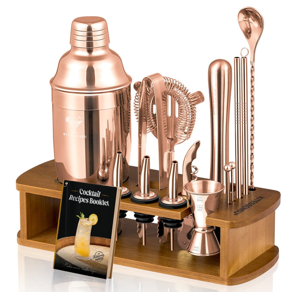 KITESSENSU Bartender Kit, 15-Piece Cocktail Shaker Set with Bamboo Stand, Drink Mixer Set, Bar Set with All Essential Bar Accessory Tools |Rose Gold