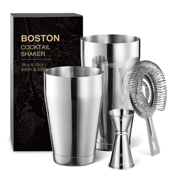 KITESSENSU Boston Cocktail Shaker Set, 4-Piece Boston Shaker Tins Bartender Kit with 18oz & 28oz Mixed Drink Shaker, Hawthorne Strainer, Double Measuring Jigger, Cocktail Recipe Cards Included