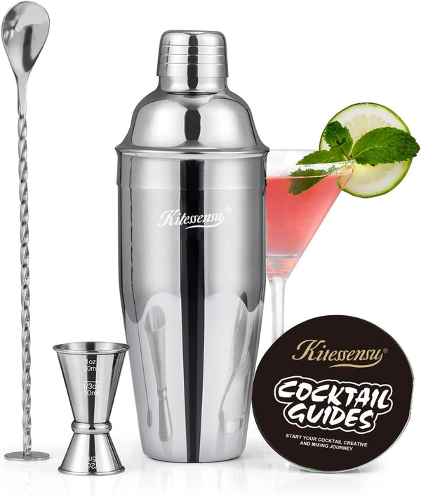 KITESSENSU Cocktail Shaker, Drink Shaker with Bartender Strainer, Measuring Jigger, Bar Mixing Spoon, Professional Drink Mixer Set for Beginners, Silver