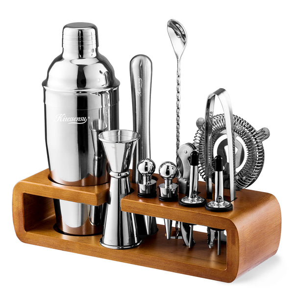 KITESSENSU Mixology Bar Kit with Bamboo Stand, Stainless Steel Bartender Kit, 11-Piece Cocktail Shaker Set Bar Set, Bartender Accessories for Home Bar Tools Set | Silver