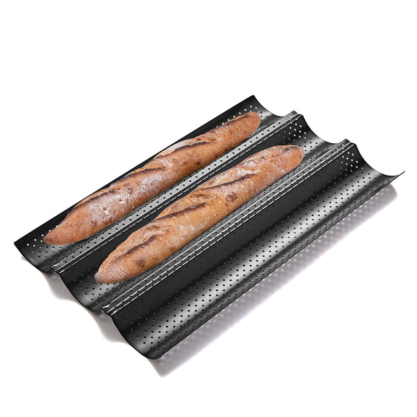 KITESSENSU Nonstick Baguette Pans for French Bread Baking, Perforated 3 Loaves Baguettes Bakery Tray, 15" x 9", Black