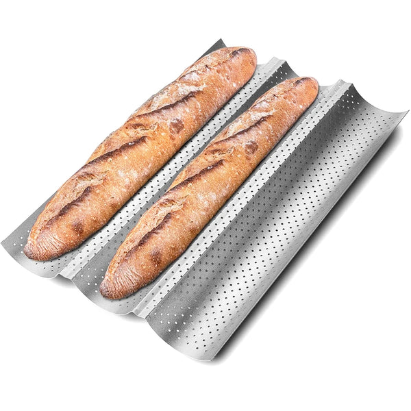 KITESSENSU Nonstick Baguette Pans for French Bread Baking, Perforated 3 Loaves Baguettes Bakery Tray, 15" x 9", Silver