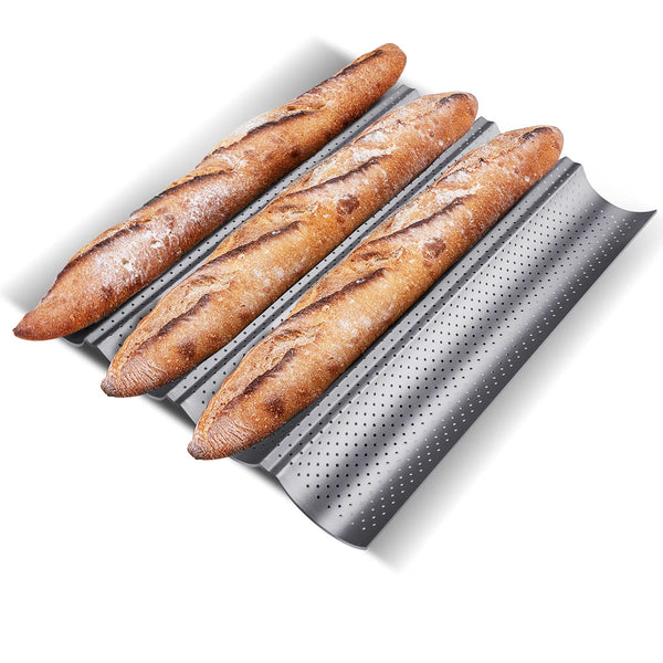 KITESSENSU Nonstick Baguette Pans for French Bread Baking, Perforated 4 Loaves Baguettes Bakery Tray, 15" x 13", Silver