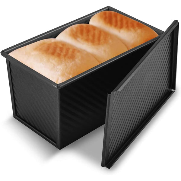 KITESSENSU Pullman Loaf Pan with Lid, 1 lb Dough Capacity Non-Stick Bakeware for Baking Bread, Carbon Steel Corrugated Bread Toast Box Mold with Cover for Baking Bread, Black