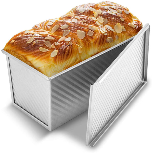 KITESSENSU Pullman Loaf Pan with Lid, 1 lb Dough Capacity Non-Stick Bakeware for Baking Bread, Carbon Steel Corrugated Bread Toast Box Mold with Cover for Baking Bread, Silver