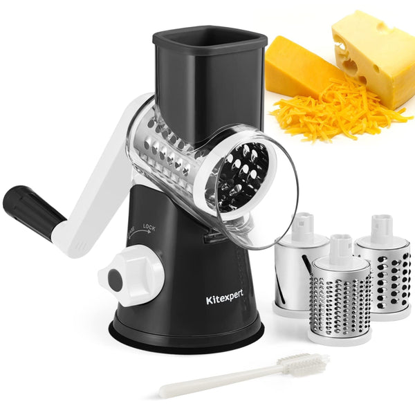 KITEXPERT Cheese Grater with Handle, Rotary Cheese Grater with 3 Interchangeable Blades, Cheese Shredder Handheld with Strong Suction Base, Vegetable Slicer for Fruit, Nuts, Chocolate(Black)