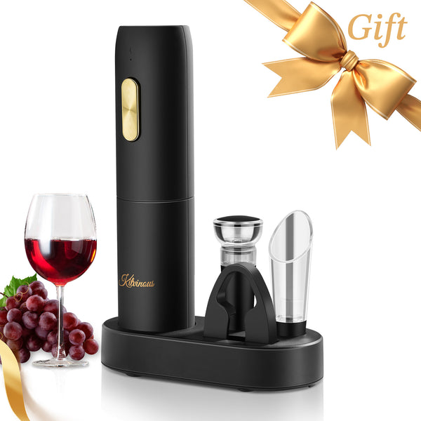 KITVINOUS Electric Wine Opener Set with Charging Base, Reusable Automatic Wine Bottle Opener with Led Light, Portable Corkscrew with Pour & Preserver Vacuum Stopper, Foil Cutter-Black