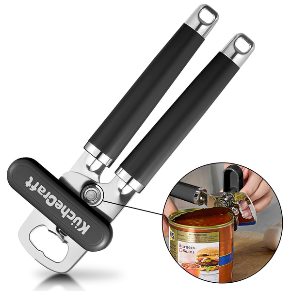 Stainless Steel Manual Can Opener, KucheCraft Hand Can Opener with Ergonomic Hand Grip and Larger Turning Knob, Built in Bottle Opener, Black