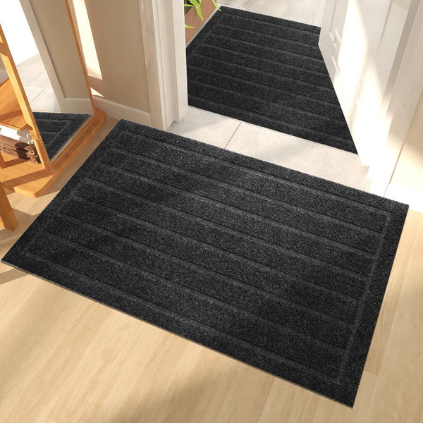 Door Mat Outdoor Entrance 2 PCS, Durable Front Doormat Indoor Entrance for Shoes Scraper, Low Profile Non-Slip Welcome Mat, Entryway Rug for Patio, High Traffic Areas, 17"x30", Black