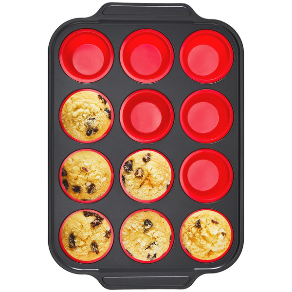 Silicone Muffin Pan with Metal Frame, Egg Bite Maker Silicone Molds for Baking, Cupcake Pans 12 Regular Size, Muffin Tins Easy to Pop Nonstick Non Toxic Bakeware for Oven, Red