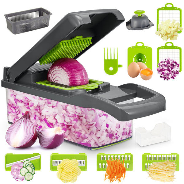 Vegetable Chopper,Onion Chopper Dicer Veggie Chopper with 7 Blades and Container with Lid, 13-in-1 Spiralizer Chopper Vegetable Cutter, Kitchen Vegetable Slicer Dicer Cutter Food Chopper-Gray