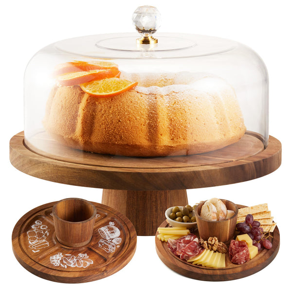 BRONYPRO Cake Stand with Lid,Round Cake Stand with Detachable Base, Acacia Wood Cake Stands for Party Cheese Chips Fruit Platter