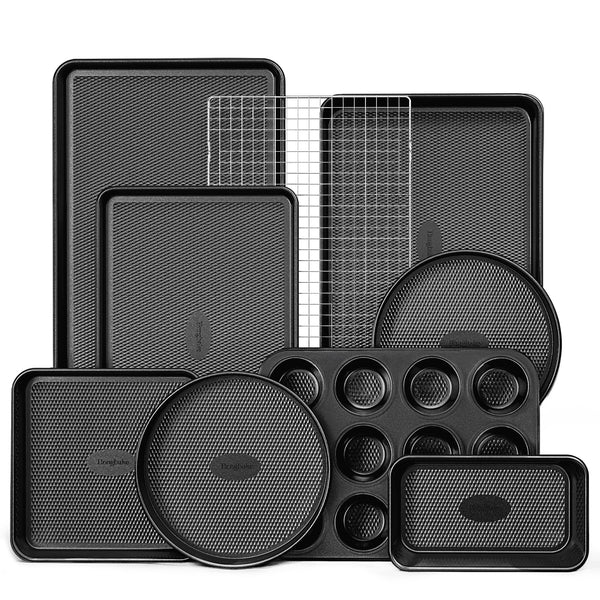 HONGBAKE 9-Piece Baking Pans Set Nonstick, Stackable Non Toxic Bakeware Sets with Diamond Texture, Oven Pan Set for Cooking, Includes Cookie Sheet with Rack, Cake Pan, Roasting Pan, Muffin Pan, Grey