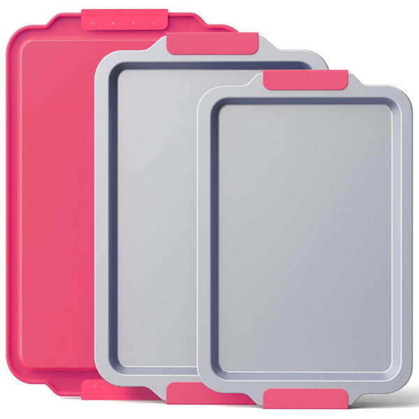 Non Stick Ceramic Baking Sheet Pan Set of 3, Natural Non Toxic Cookie Sheets for Baking, Heavy Duty Aluminized Steel Oven Trays for Cooking with Silicone Handles, Rose Red