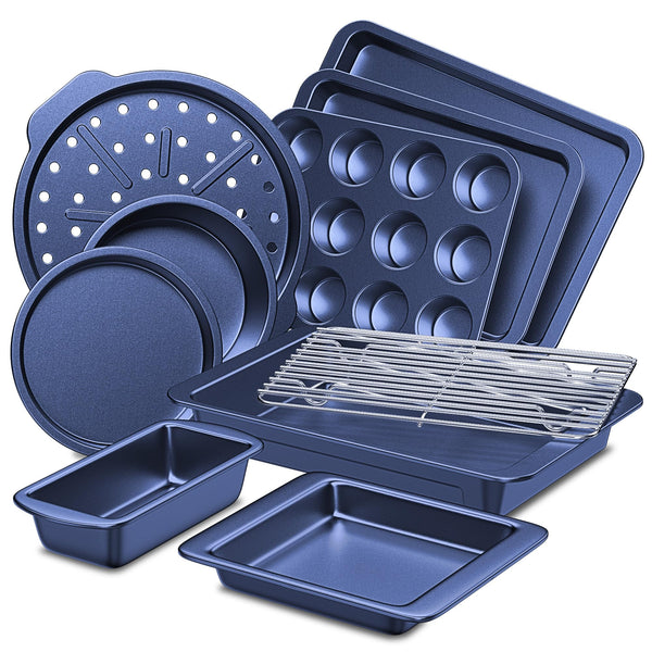 HONGBAKE Bakeware Sets, Baking Pans Set, Nonstick Oven Pan for Kitchen with Wider Grips, 10-Piece Including Rack, Cookie Sheet, Cake Pans, Loaf Pan, Muffin Pan, Pizza Pan - Champagne Blue