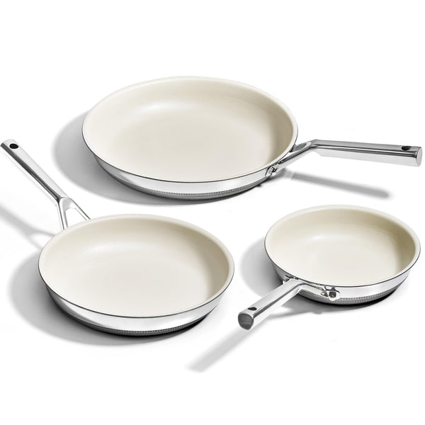 KITEXPERT Non Stick Frying Pans Set - 3 Piece (8", 10", 12") Beige Titanium Ceramic Pan, Nonstick Skillet Stainless Steel, Dishwasher & Oven Safe, All Cooktops Compatible