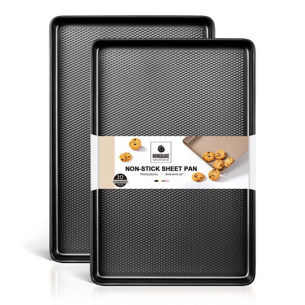 HONGBAKE Half Baking Sheet Pan with Diamond Texture, 2 Pack Non Stick Cookie Sheet for Baking , Heavy Duty Non Toxic Baking Pan for Oven, 17.6" x 12" Baking Trays, Dark Gray