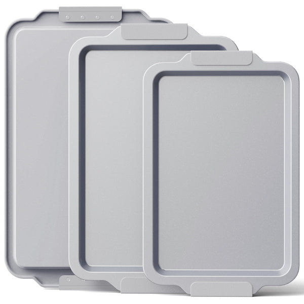 Non Stick Ceramic Baking Sheet Pan Set of 3, Natural Non Toxic Cookie Sheets for Baking, Heavy Duty Aluminized Steel Oven Trays for Cooking with Silicone Handles, Gray