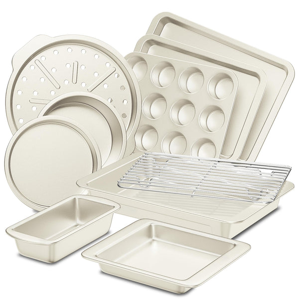 HONGBAKE Bakeware Sets, Baking Pans Set, Nonstick Oven Pan for Kitchen with Wider Grips, 10 Pieces Including Rack, Cookie Sheet, Cake Pans, Loaf Pan, Muffin Pan, Pizza Pan - Cream