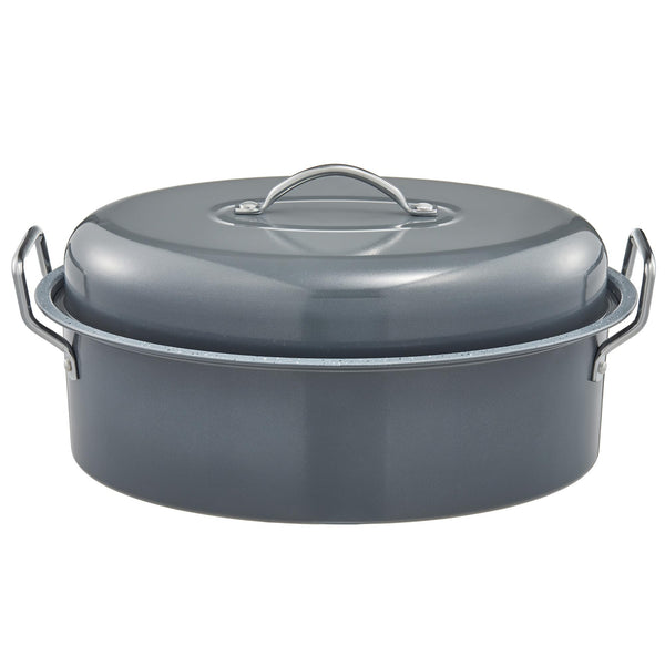 HONGBAKE 18 Inch Turkey Roasting Pan with Rack and Lid, Extra Large Red Carbon Steel Roaster Pan for 25 lb Turkey, Heavy Duty Nonstick, Oven Safe Baking Pan for Holiday & Thanksgiving, Light Gray