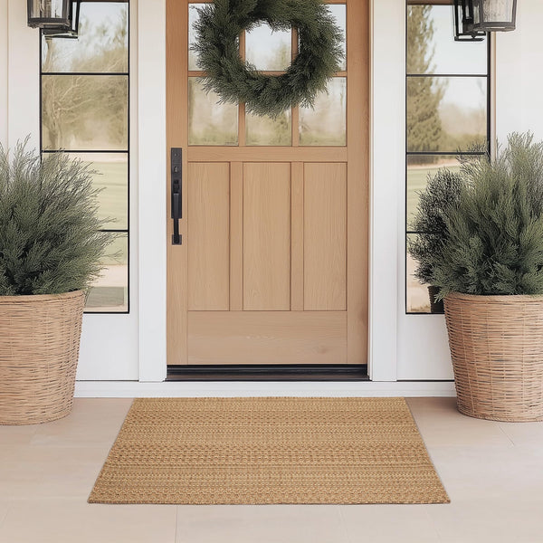 Outdoor Rug, 27.5"x43" Light Taupe Brown Check Area Rug for Front Door Mat, Welcome Mat, Farmhouse Decor, Washable Cotton Blend, Spring Porch Decor, All-Season Use