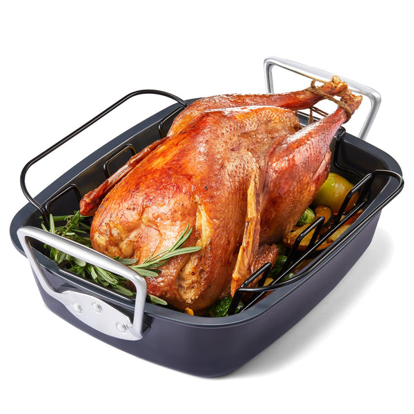 HONGBAKE Extra Large Turkey Roasting Pan with Rack (U-Shaped), 18.7×13.6 Inch Nonstick Roaster Pan for 25 lb Turkey & Chicken, Deep Turkey Tray for Oven, Wider Handles, 0.8 mm Heavy Duty Steel, Gray
