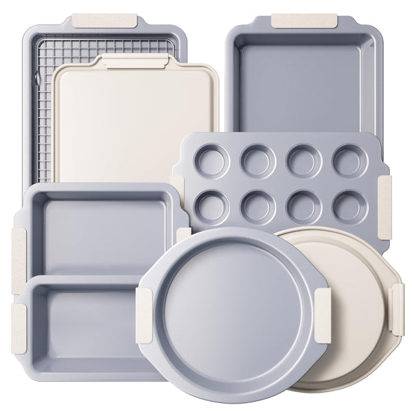 Nonstick Ceramic Bakeware Set (9 Pieces),Heavy Duty Aluminized Steel Bakeware-Baking Pan Sets with Silicone Handles,Includes Sheet Pans,Loaf Pan,Muffin pan,Cake pans- White