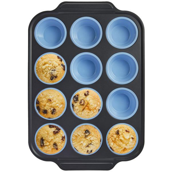 HONGBAKE Silicone Muffin Pan with Metal Frame, Egg Bite Molds for Baking, Cupcake Pans 12 Regular Size, Muffin Tins Easy to Pop Nonstick Non Toxic Bakeware for Oven,Blue
