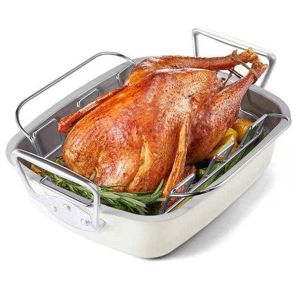 HONGBAKE Ceramic Coated Nonstick Large Turkey Roasting Pan with Rack (U-Shaped), 18.7×13.6 Inch Deep Roaster Pan for 25 lb Turkey & Chicken, Wider Handles, Non Toxic, Cream & Gray