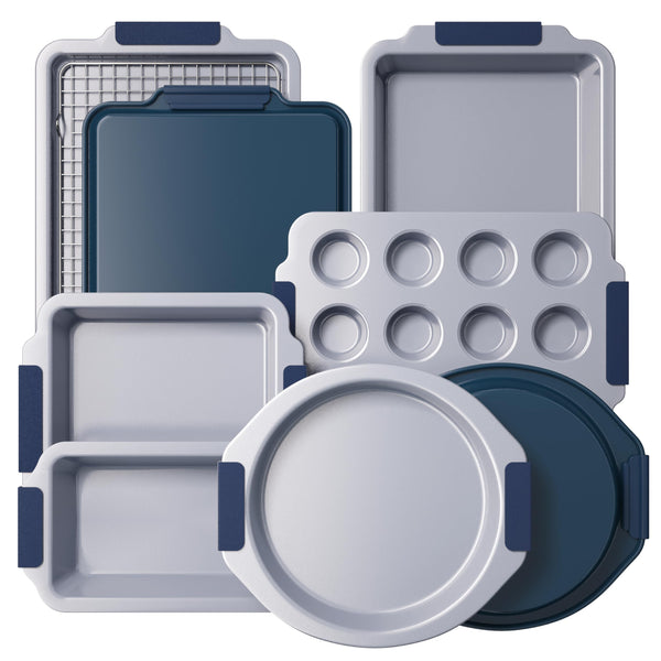 Nonstick Ceramic Bakeware Set (9 Pieces),Heavy Duty Aluminized Steel Bakeware-Baking Pan Sets with Silicone Handles,Includes Sheet Pans,Loaf Pan,Muffin pan,Cake pans- Blue