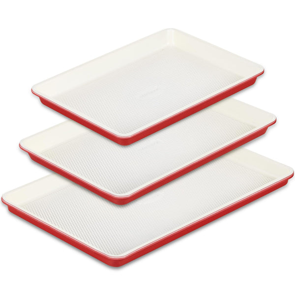 HONGBAKE Ceramic Cookie Sheets Nonstick Sets, Non-Toxic Baking Pan, Cookie Sheets for Baking with Diamond Texture Pattern, 0.8mm Aluminized Stee Baking Sheet Pans for oven, Ceramic Cream & Red