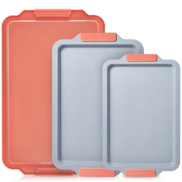 Non Stick Ceramic Baking Sheet Pan Set of 3, Natural Non Toxic Cookie Sheets for Baking, Heavy Duty Aluminized Steel Oven Trays for Cooking with Silicone Handles,Orange
