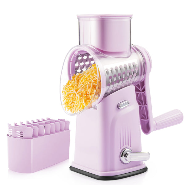 KITEXPERT Rotary Cheese Grater with Handle, 5 Well-Designed Blades, Strong Suction Cup Base, Kitchen Utensils Vegetable Slicer Dicer Fruit Vegetable Slicer Gadgets Kitchen,Purple